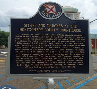 Sit-Ins and Marches at the Montgomery County Courthouse Marker. Click for full size. Sit-Ins and Marches at the Montgomery County Courthouse Marker image. Click for full size.