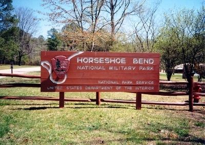 Sign at the entrance to Horseshoe Bend National Military Park image. Click for full size.