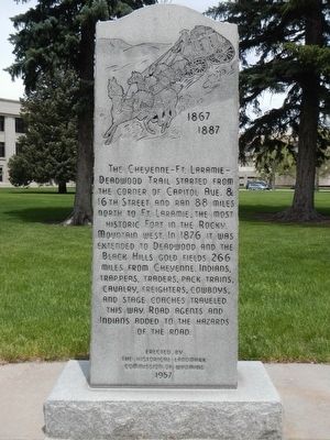 The Cheyenne - Ft. Laramie - Deadwood Trail Marker. Click for full size. The Cheyenne - Ft. Laramie - Deadwood Trail Marker image. Click for full size.