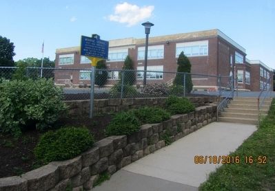 Monroe School with Marker in foreground.. Click for full size. Monroe School with Marker in foreground. image. Click for full size.