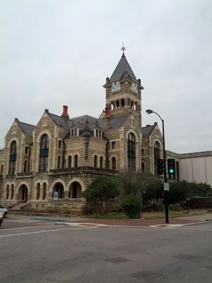 1892 Victoria County Courthouse with Marker to left of street lamp. image. Click for full size.