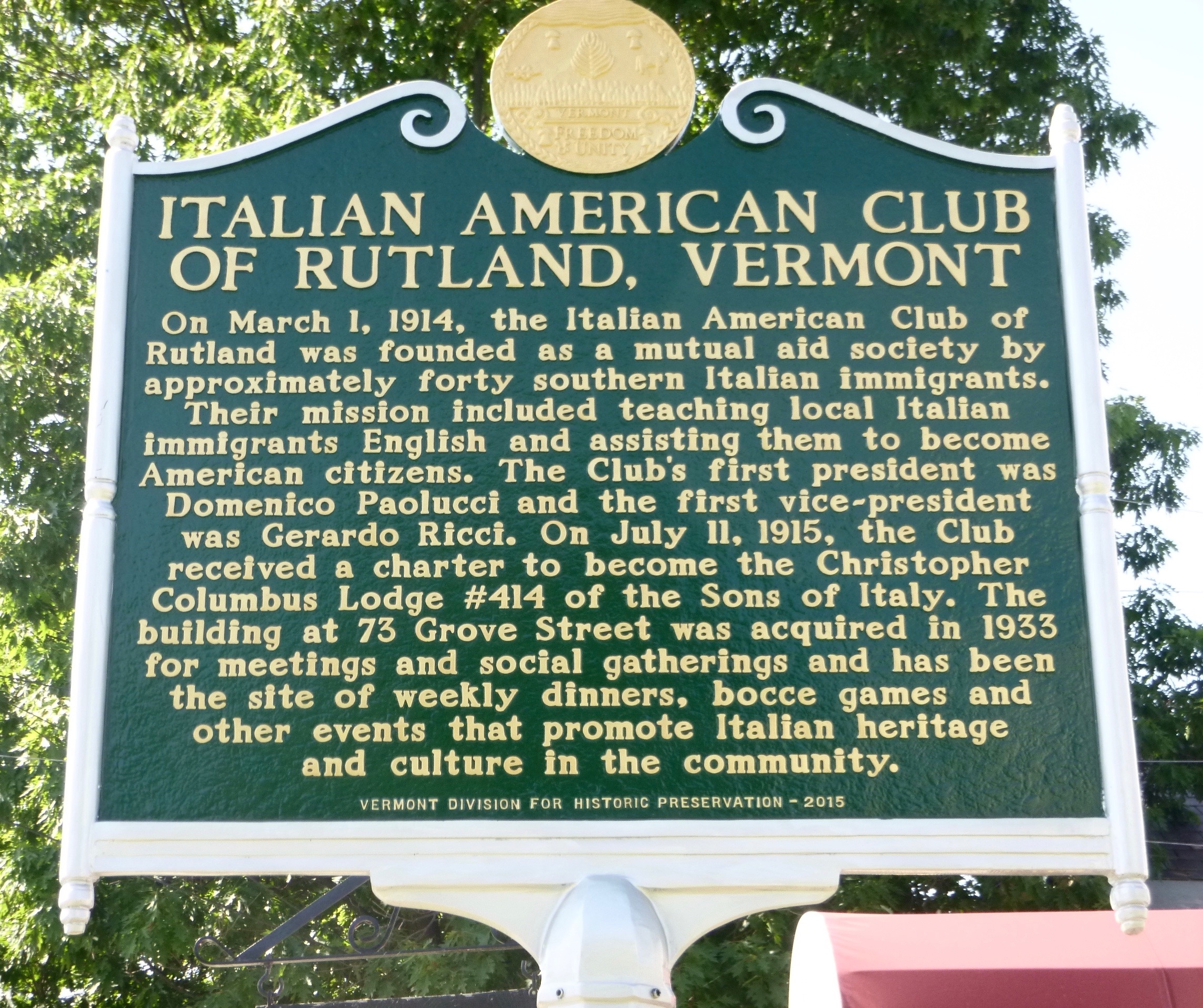 Italian American Club of Rutland, Vermont Marker
