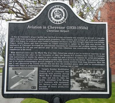 Aviation in Cheyenne (1930-1950s) Marker. Click for full size. Aviation in Cheyenne (1930-1950s) Marker image. Click for full size.