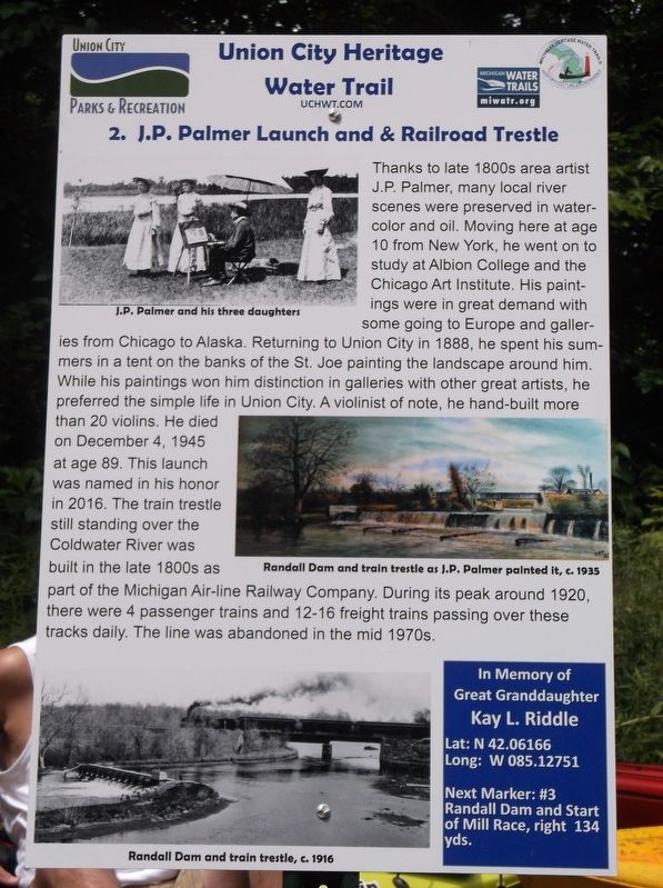 J.P. Palmer Launch and & Railroad Trestle Marker. Click for more information. J.P. Palmer Launch and & Railroad Trestle Marker image. Click for more information.