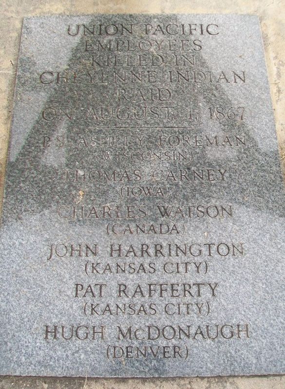 Union Pacific Employees Killed In Cheyenne Indian Raid Marker. Click for full size. Union Pacific Employees Killed In Cheyenne Indian Raid Marker image. Click for full size.
