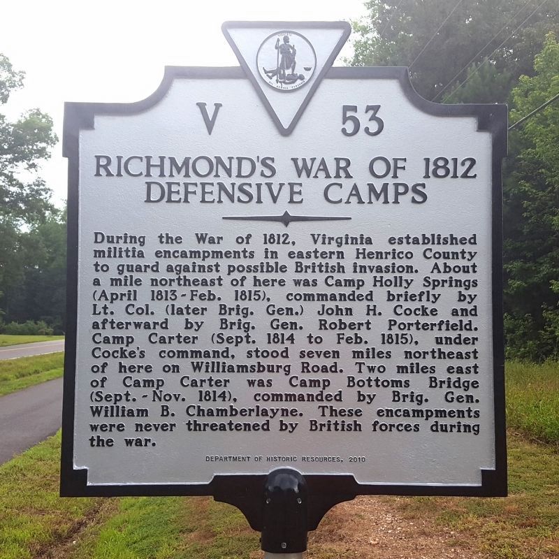Richmond's War of 1812 Defensive Camps Marker (reverse). Click for full size. Richmond's War of 1812 Defensive Camps Marker (reverse) image. Click for full size.