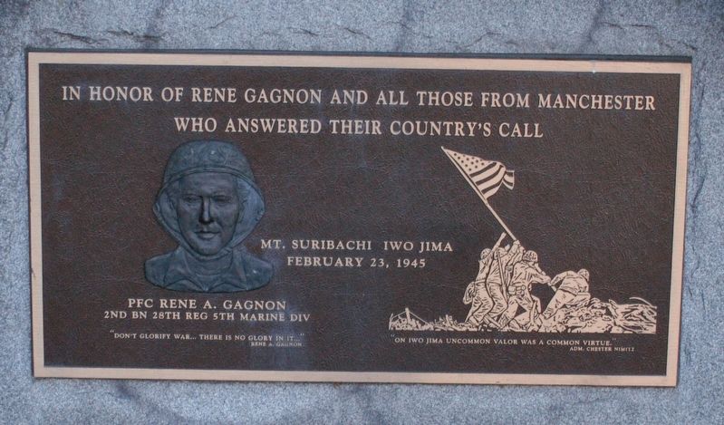 Manchester NH Iwo Jima/Rene Gagnon Memorial Marker. Click for full size. Manchester NH Iwo Jima/Rene Gagnon Memorial Marker image. Click for full size.