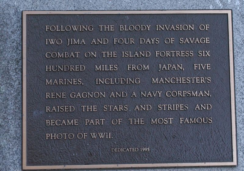 Manchester NH Iwo Jima/Rene Gagnon Memorial Marker. Click for full size. Manchester NH Iwo Jima/Rene Gagnon Memorial Marker image. Click for full size.