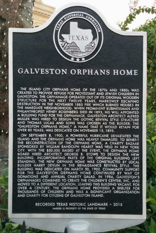 Galveston Orphans Home Marker image. Click for full size.