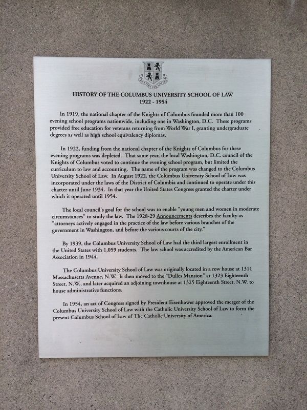 History of the Columbus University School of Law Marker image. Click for full size.