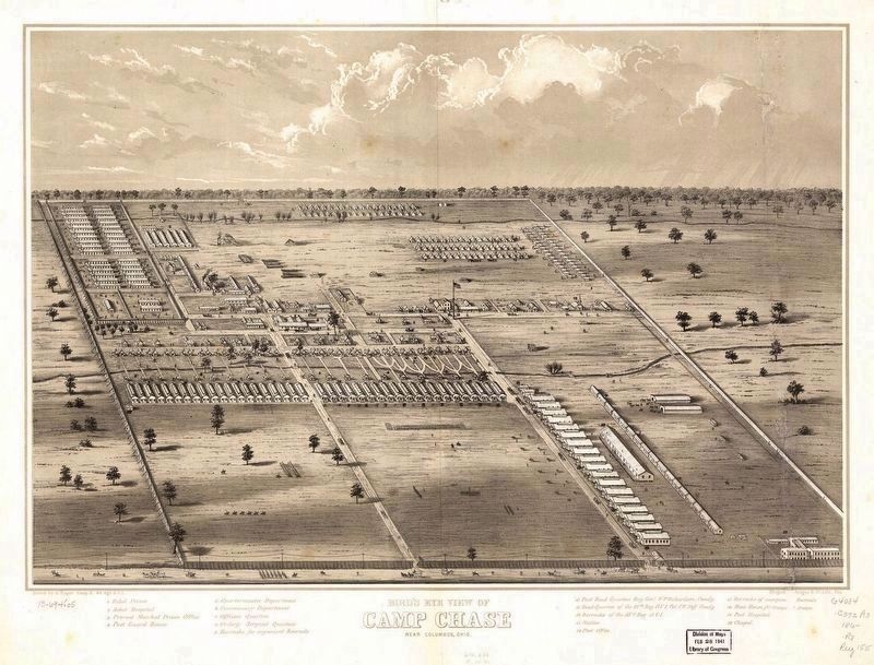 Bird's eye view of Camp Chase near Columbus, Ohio. National Archives G4084.C6:2C3A3 186- .R8 image. Click for full size.