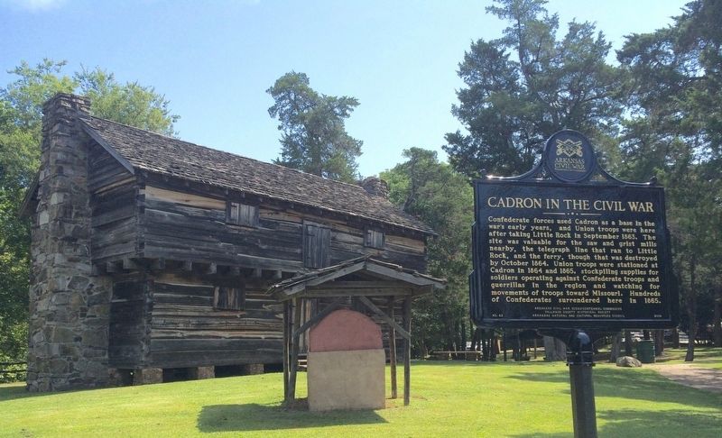 Cadron in the Civil War Marker looking at replica blockhouse. image. Click for full size.