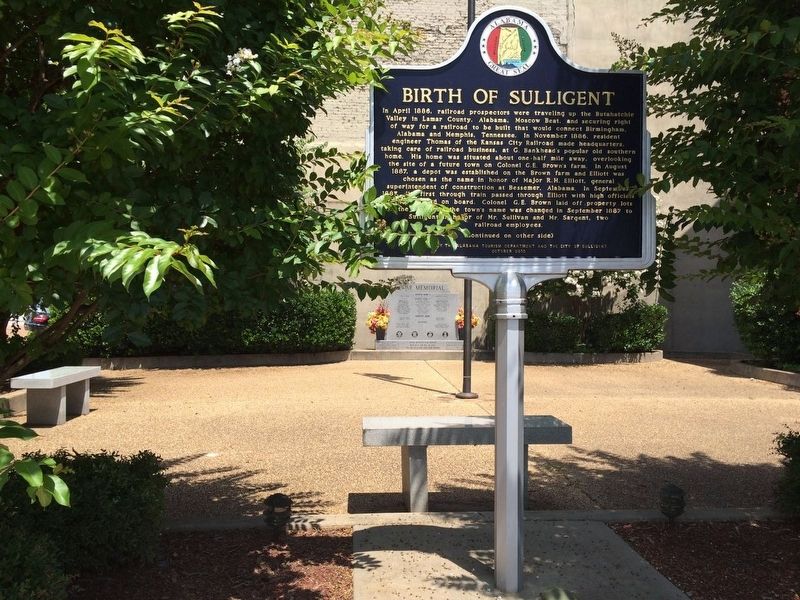 Birth of Sulligent Marker near war memorial. image. Click for full size.