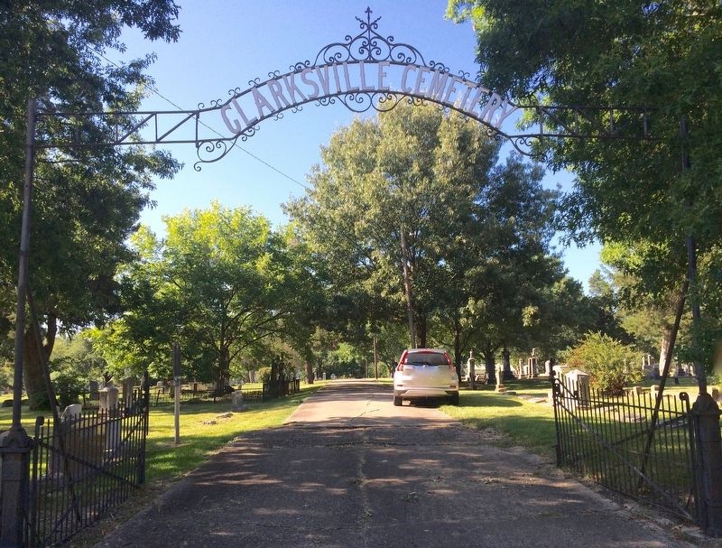 Clarksville Cemetery entrance gate. Marker is on left side. image. Click for full size.
