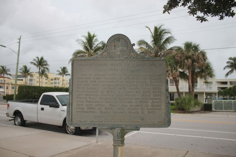 Orange Grove House of Refuge No. 3 Marker with Berkshire-By-the-Sea and FL A1A in the background.. Click for full size. Orange Grove House of Refuge No. 3 Marker with Berkshire-By-the-Sea and FL A1A in the background. image. Click for full size.