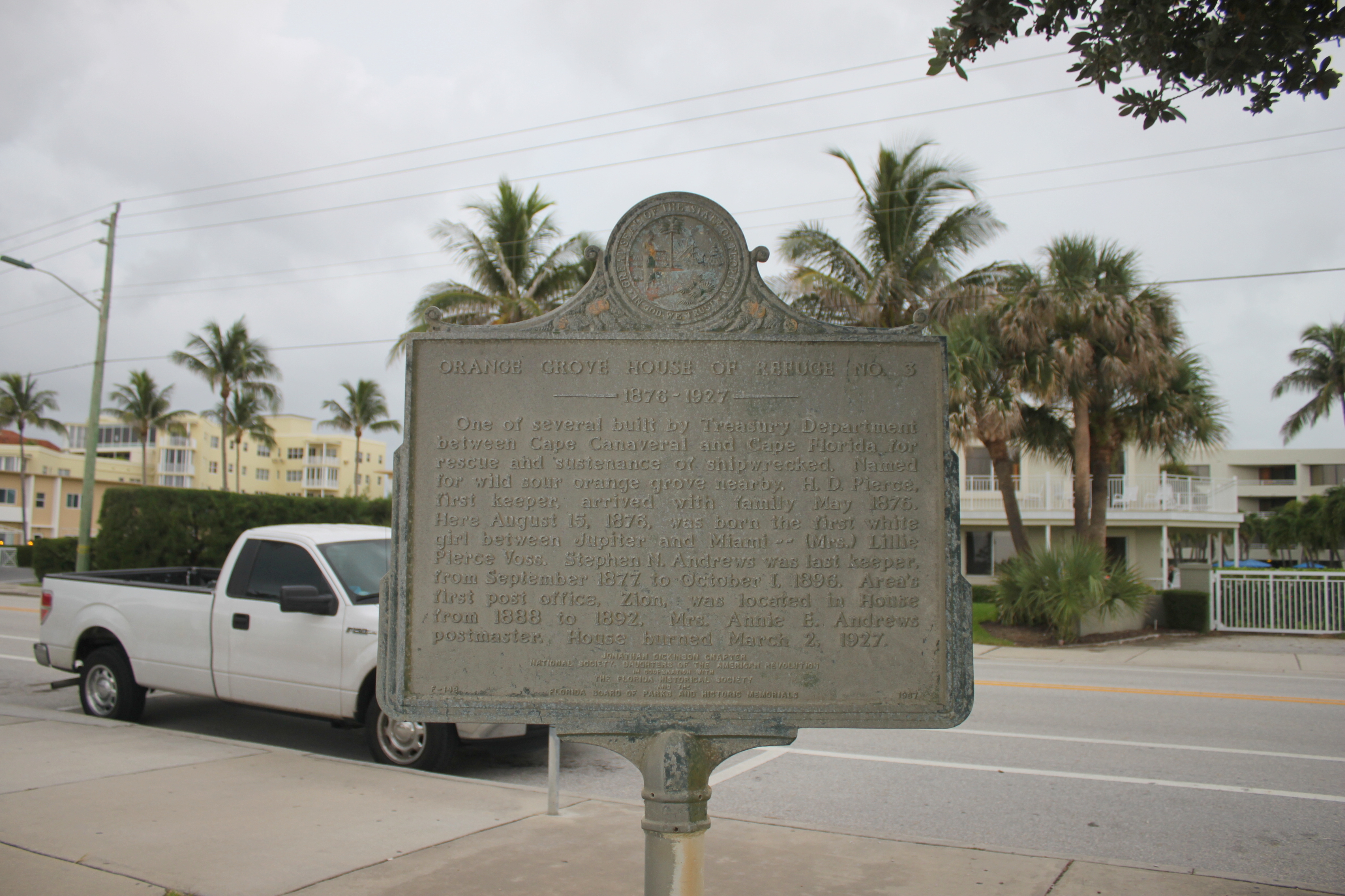 Orange Grove House of Refuge No. 3 Marker with Berkshire-By-the-Sea and FL A1A in the background.
