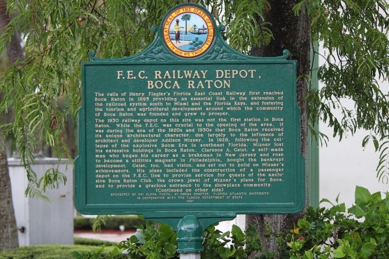 F.E.C. Railway Depot, Boca Raton Marker. Click for full size. F.E.C. Railway Depot, Boca Raton Marker image. Click for full size.