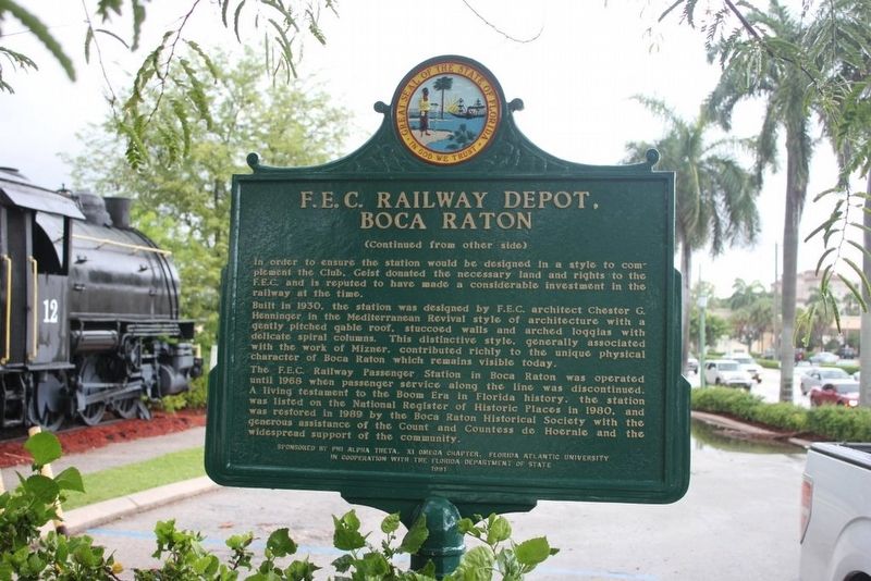 F.E.C. Railway Depot, Boca Raton Marker reverse image. Click for full size.