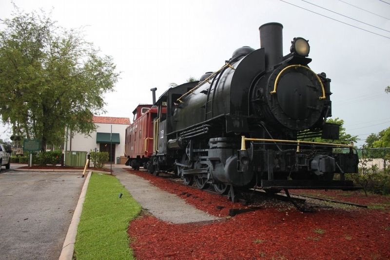 F.E.C. Railway Depot, Boca Raton Marker and part of depot and locomotive image. Click for full size.