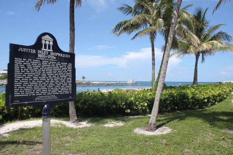 Jupiter Inlet Shipwrecks 1600-1700s Marker with inlet in background image. Click for full size.