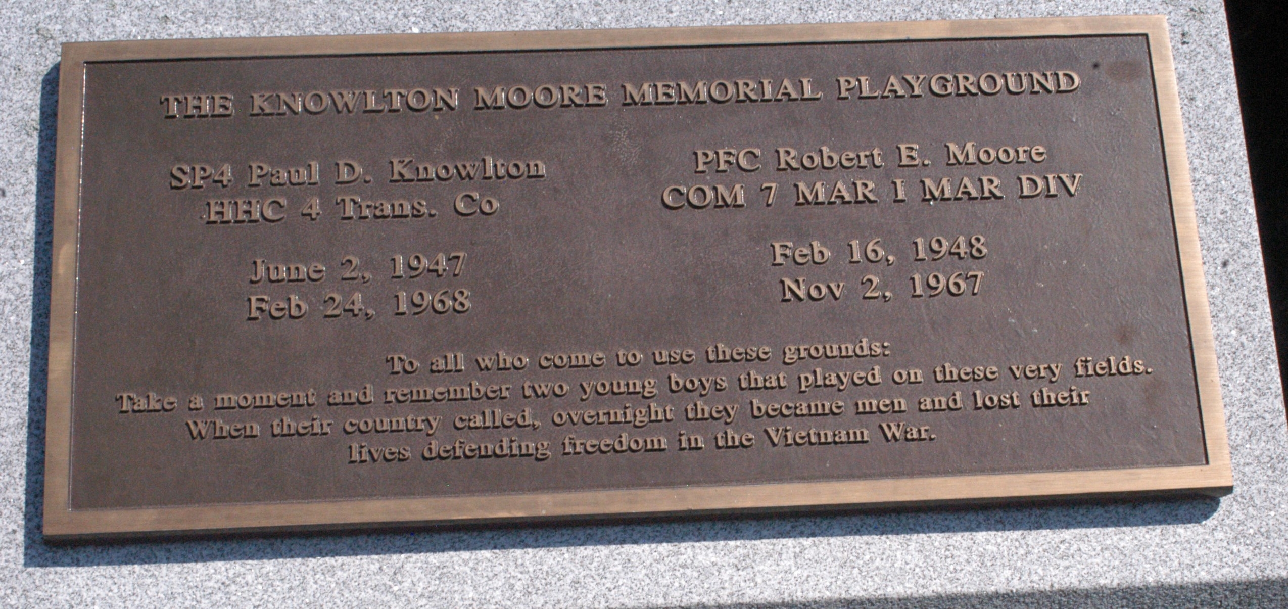 Knowlton Moore Memorial Playground Marker