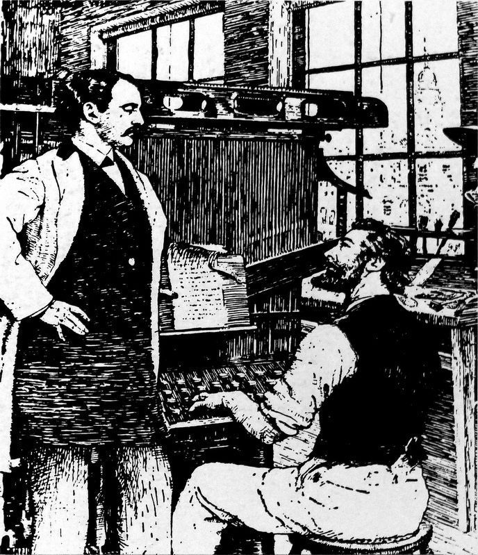 Mergenthaler demonstrates linotype to publisher of New York Tribune image. Click for full size.