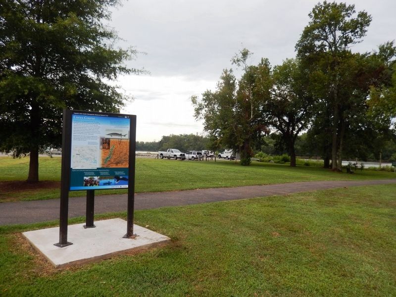 Curvy Course Marker with James River and parking lot in the background image. Click for full size.