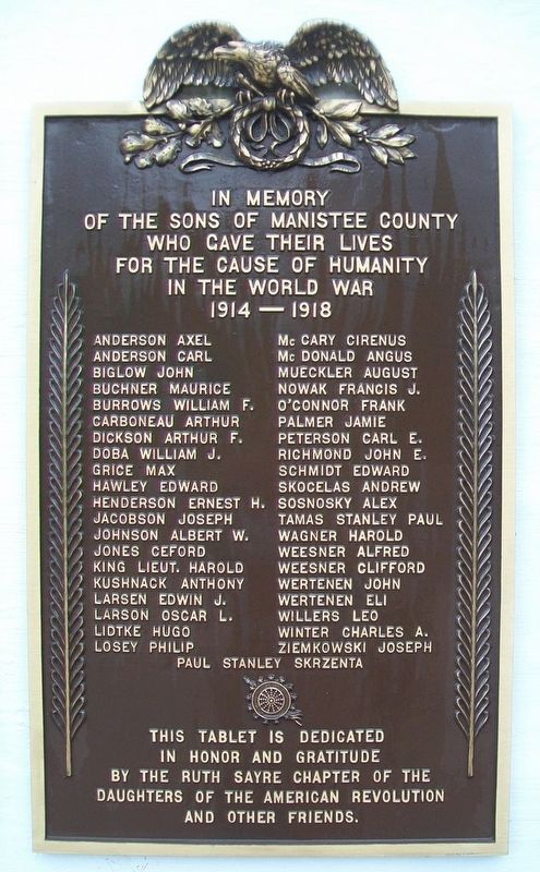 Manistee County War Memorial Marker image. Click for full size.