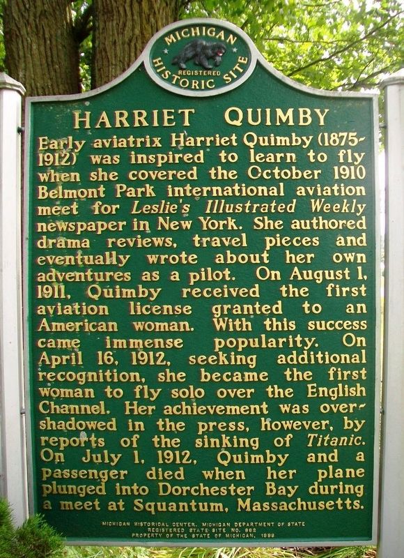 Harriet Quimby Marker (Side A) image. Click for full size.
