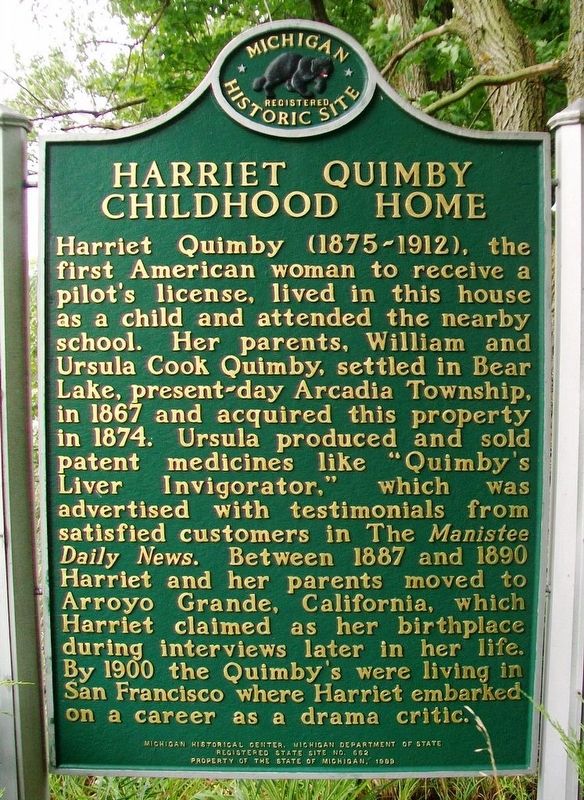 Harriet Quimby Childhood Home Marker (Side B) image. Click for full size.