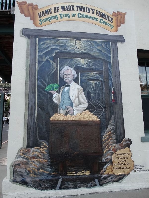 Home of Mark Twain Famous Jumping Frog of Calaveras County Mural. Click for full size. Home of Mark Twain Famous Jumping Frog of Calaveras County Mural image. Click for full size.