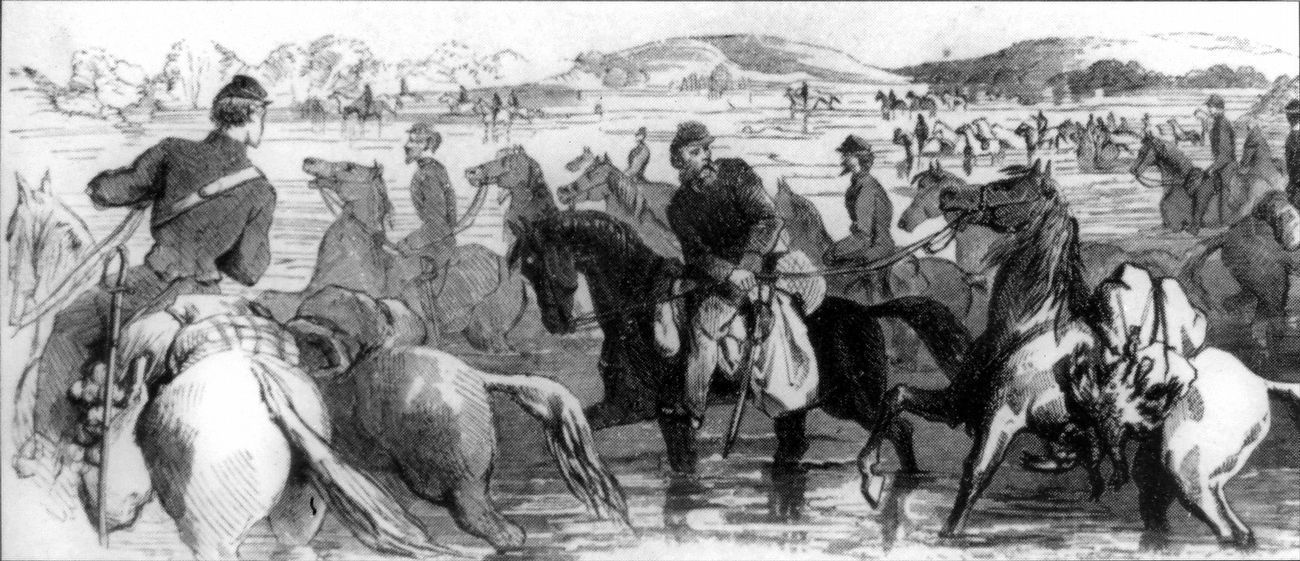 Confederate Cavalrymen fording the Potomac River image. Click for full size.