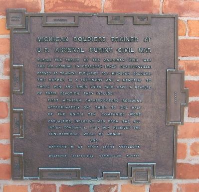 Michigan Soldiers Trained at U.S. Arsenal During Civil War Marker. Click for full size. Michigan Soldiers Trained at U.S. Arsenal During Civil War Marker image. Click for full size.