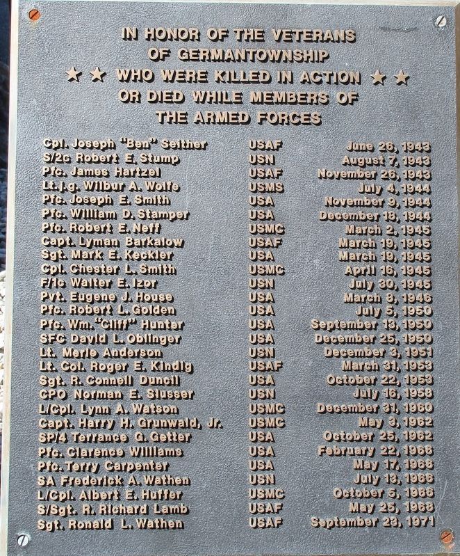Germantown Veterans Memorial Marker image. Click for full size.