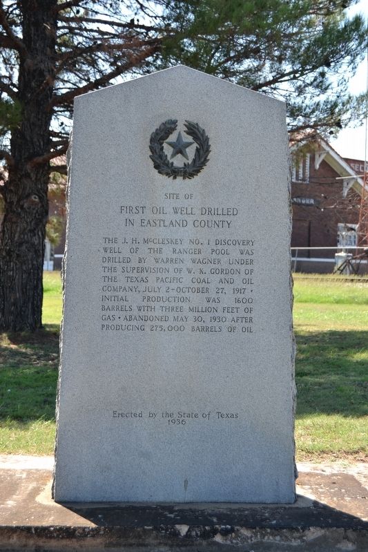 Site of First Oil Well Drilled in Eastland County Marker image. Click for full size.
