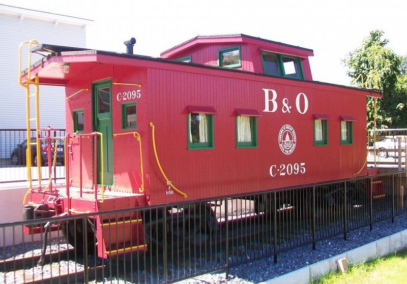 B&O Wooden Caboose Displayed Next to Mount Airy Rail Yard and Mills Markers image. Click for full size.