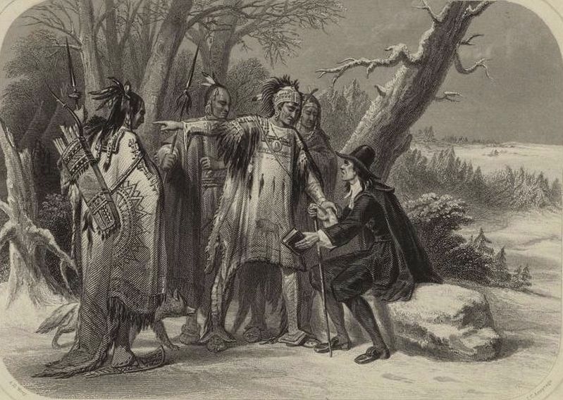 Roger Williams, founder of Rhode Island, meeting with the Narragansett Indians image. Click for full size.