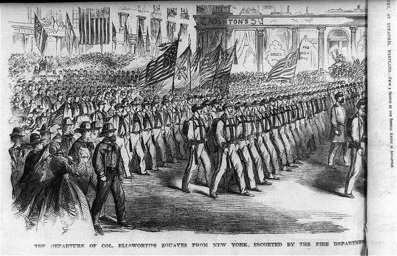 <i>The departure of Col. Ellsworth's Zouaves from New York, escorted by the fire department</i> image. Click for full size.