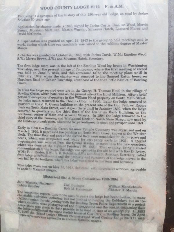 Wood County's First Masonic Lodge Marker image. Click for full size.