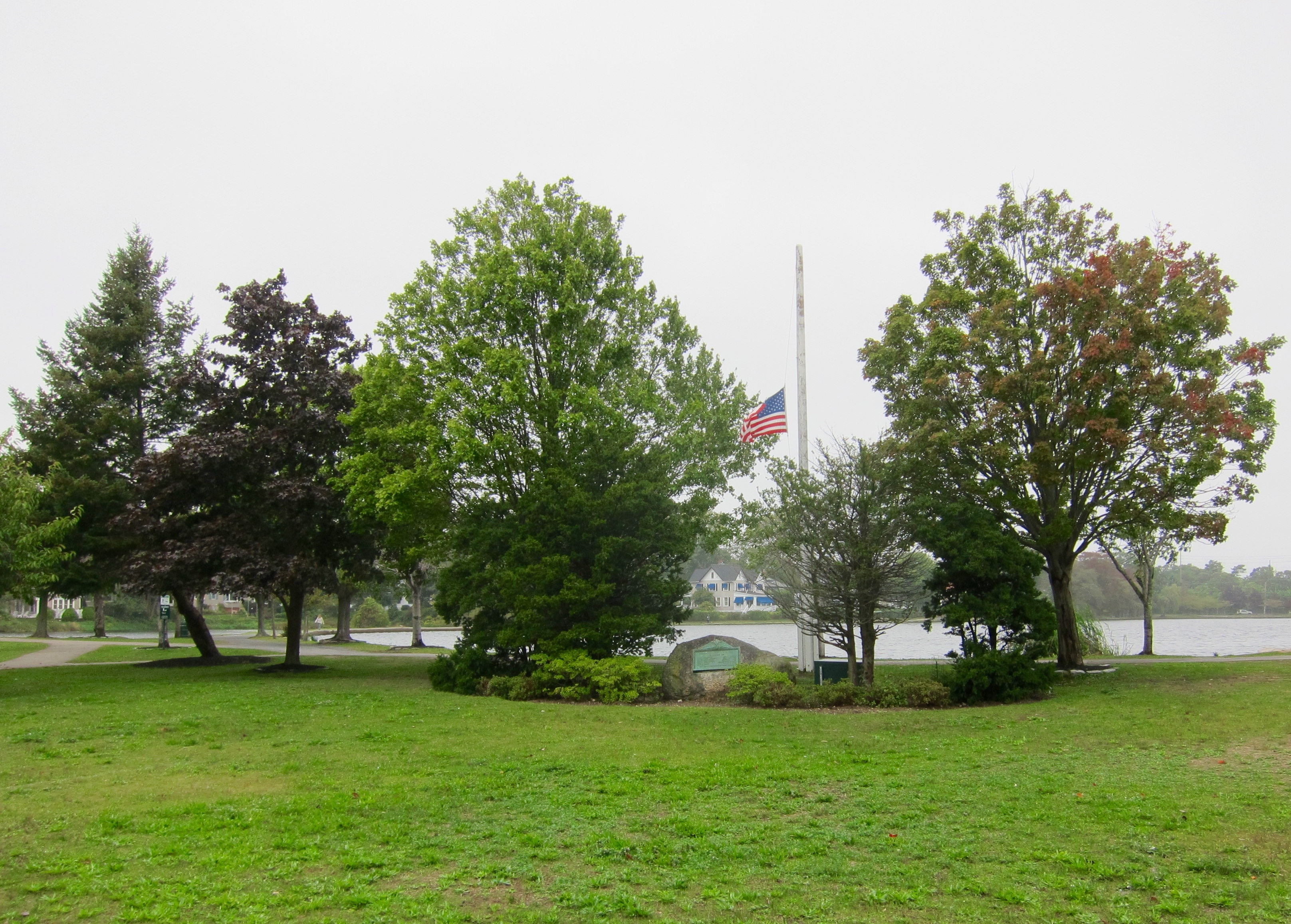 Babylon World War I Memorial Marker - Wide View, with Argyle Lake in the Background