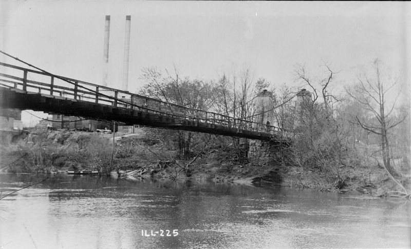 <i>VIEW FROM SOUTH-WEST - Suspension Bridge, Spanning Kaskaskia River, Carlyle, Clinton County </i> image. Click for full size.