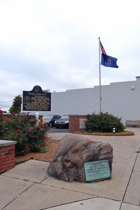 Indiana State Flag and Samuel Moore Markers. Click for full size. Indiana State Flag and Samuel Moore Markers image. Click for full size.