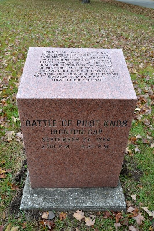 Battle of Pilot Knob — Ironton Gap Marker. Click for full size. Battle of Pilot Knob — Ironton Gap Marker image. Click for full size.