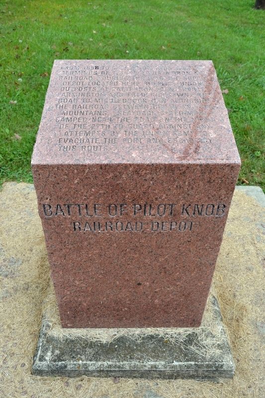 Battle of Pilot Knob — Railroad Depot Marker. Click for full size. Battle of Pilot Knob — Railroad Depot Marker image. Click for full size.