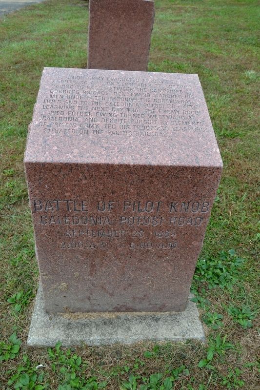 Battle of Pilot Knob — Caledonia-Potosi Road Marker. Click for full size. Battle of Pilot Knob — Caledonia-Potosi Road Marker image. Click for full size.