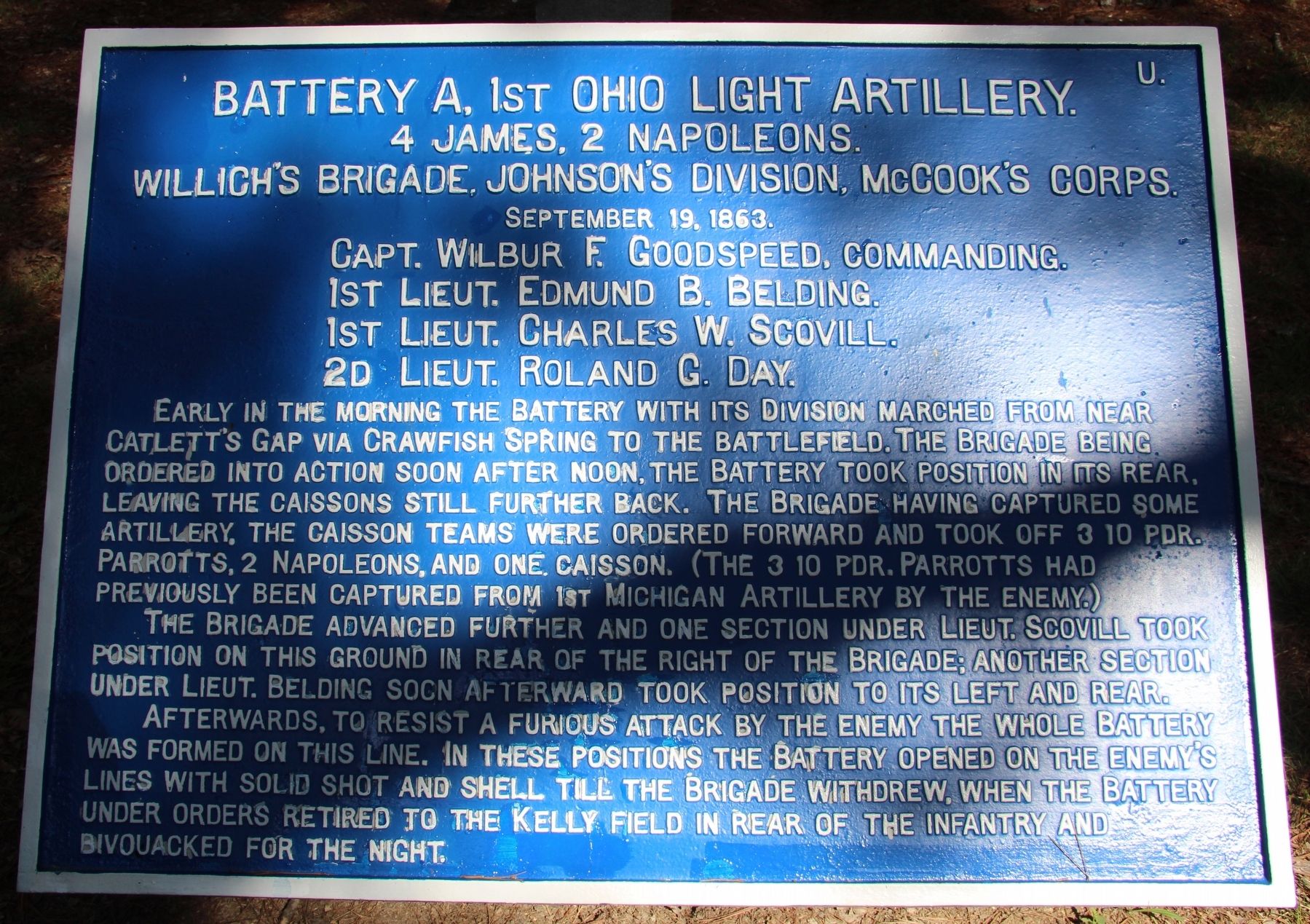 Battery A, 1st Ohio Light Artillery Marker image. Click for full size.