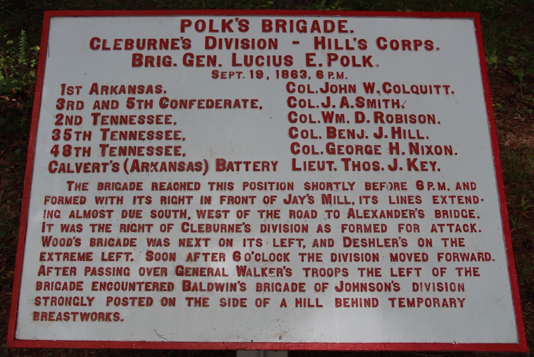 Polk's Brigade Marker. Click for full size. Polk's Brigade Marker image. Click for full size.