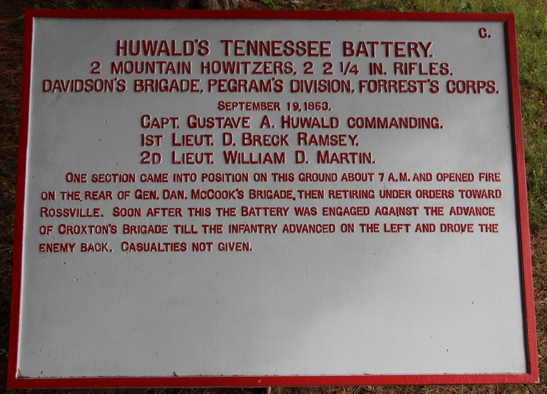 Huwald's Tennessee Battery Marker. Click for full size. Huwald's Tennessee Battery Marker image. Click for full size.