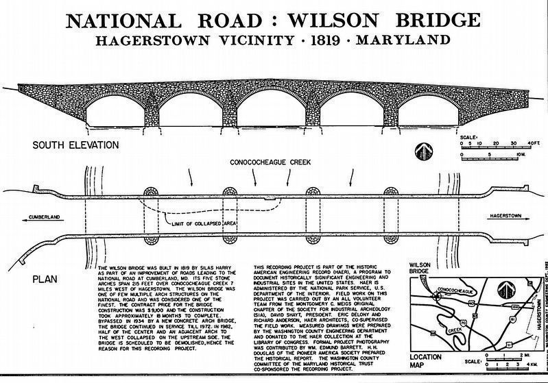 Wilson Bridge<br>South Elevation & Plan view, showing collapsed roadway image. Click for full size.