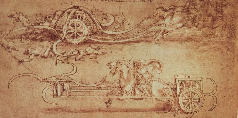 The Scythed Chariot as drawn by Leonardo da Vinci image. Click for full size.